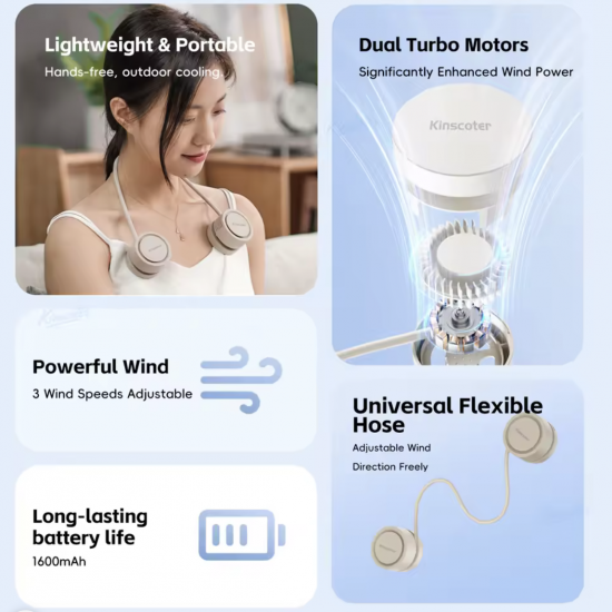 مروحة رقبة محمولة بدون شفرات قابلة للشحن USB – تبريد فوري صيفي